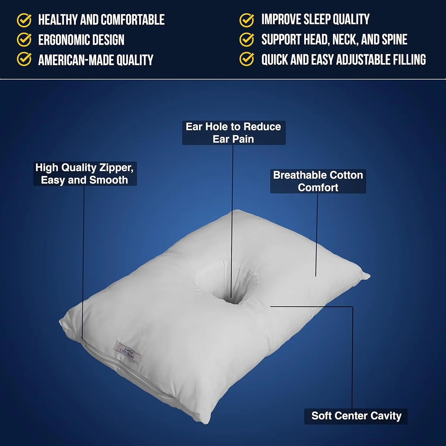 Cotton Comfort CNH Pillow with Ear Hole for Side Sleepers, Pressure and Pain Relief, Ergonomic, Breathable