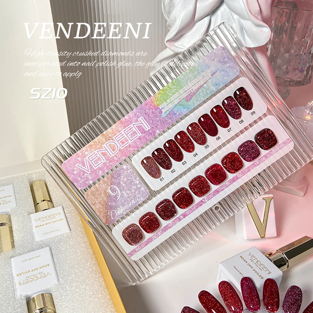 Vendeeni 9 Farben/Set Roter Glitzer-Broken-Diamond-Gel-Nagellack TPO HEMA-FREI Glitzer UV LED Soak-Off Gel-Lack mit Display – Detail 1