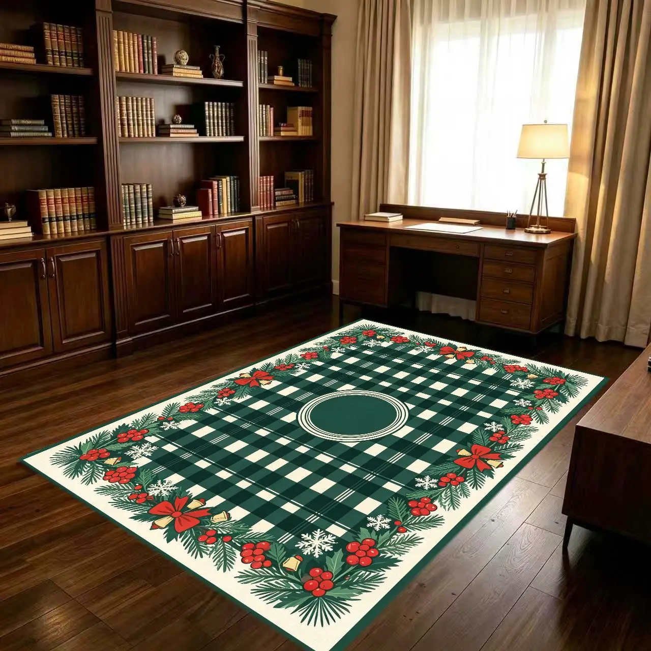 1pc 2D Flat Green Plaid Holly Berry Wreath Printed Floor Mat, Decorative Rug for Living Room, Bedroom, Home