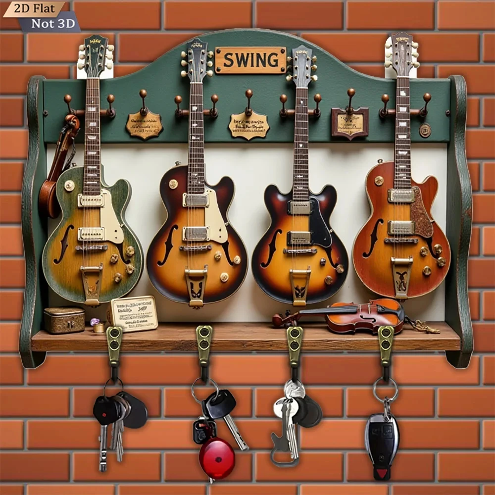 2D Flat, 1pc, Guitar-Shaped Key Hook, Wooden Multifunctional Home Key Hook with Four Metal Hooks, Wall Decoration, Porch