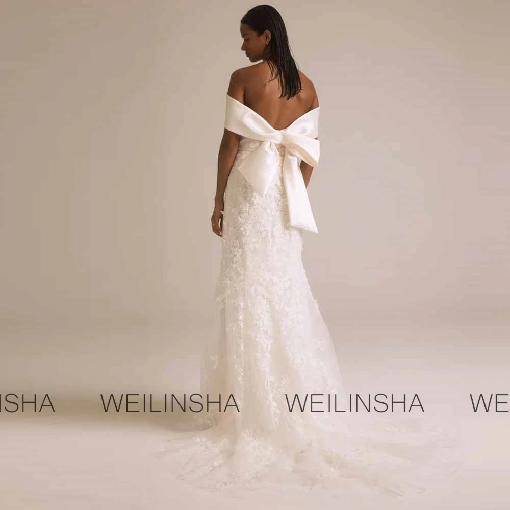 فساتين الزفاف التقليدية الساتان حورية البحر / فساتين الزفاف البوق للحفلات العاج خارج على الكتف القوس الذيل فساتين الزفاف #2