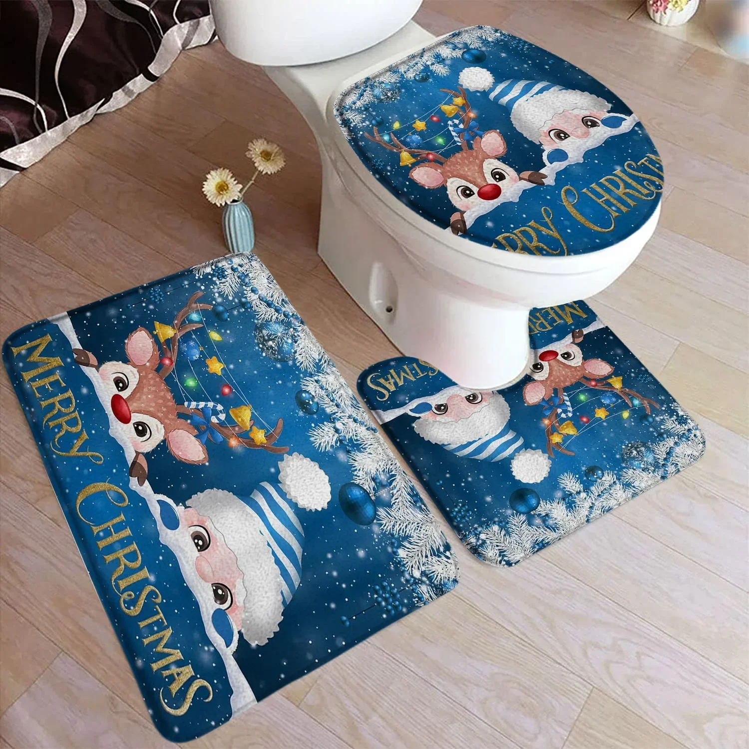 Cute Snowman Christmas Bath Mat Set White Snowflake Red New Year Xmas Carpet Home Bathroom Decoration Floor Rug Toilet Lid Cover