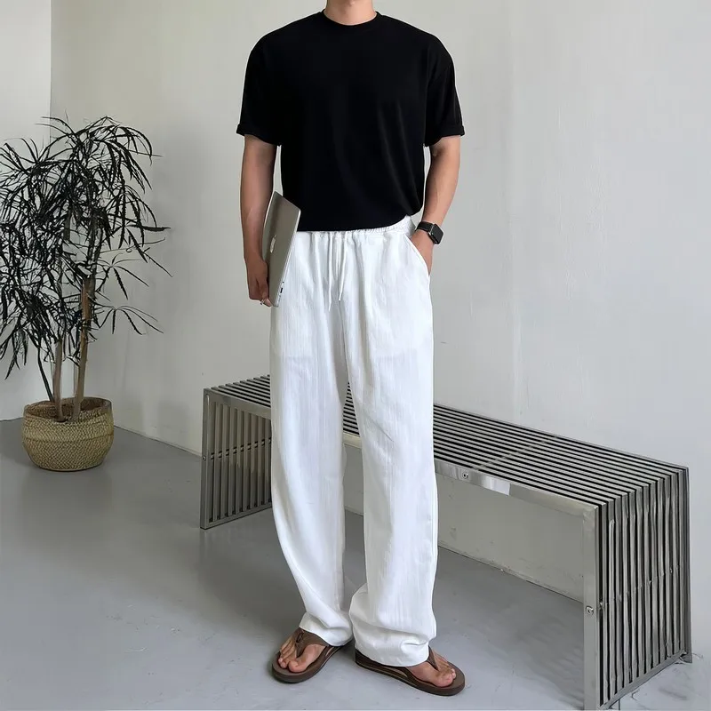 White Straight-Leg Casual Pants for Men, Summer Thin Loose Versatile Elastic Waist Wide-Leg Long Pants with a Draping Effect, Floor-Length Pants