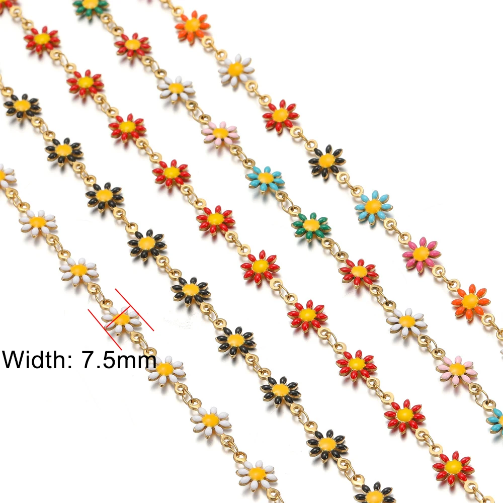 1 Meter Width 7.5mm Stainless Steel Enamel Daisy Charm Chain Gold Enamel Flower Beaded Chains for Necklace DIY Jewelry Making