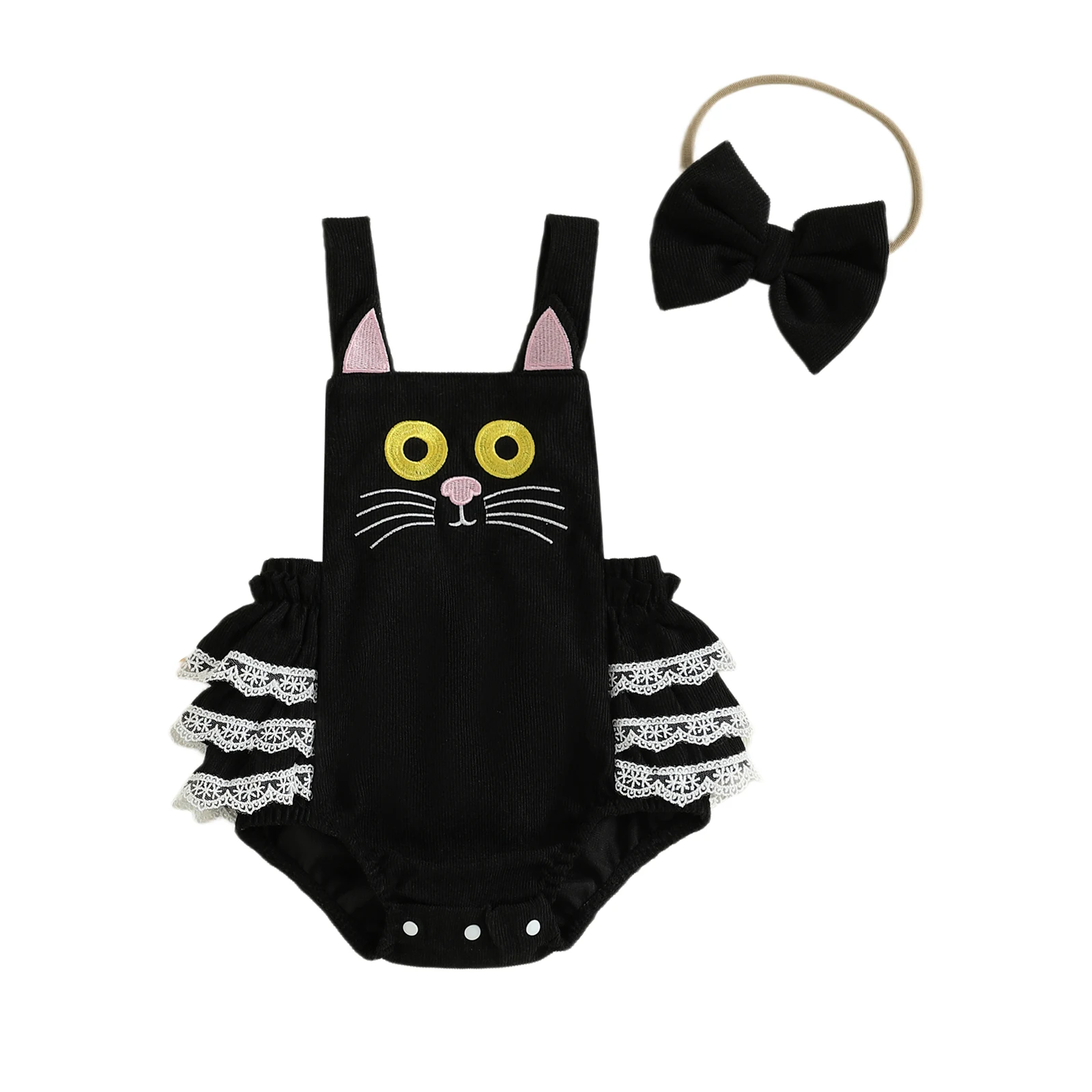 

Baby Girl Overalls Jumpsuit Halloween Sleeveless Tiered Cartoon Cat Romper with Headband