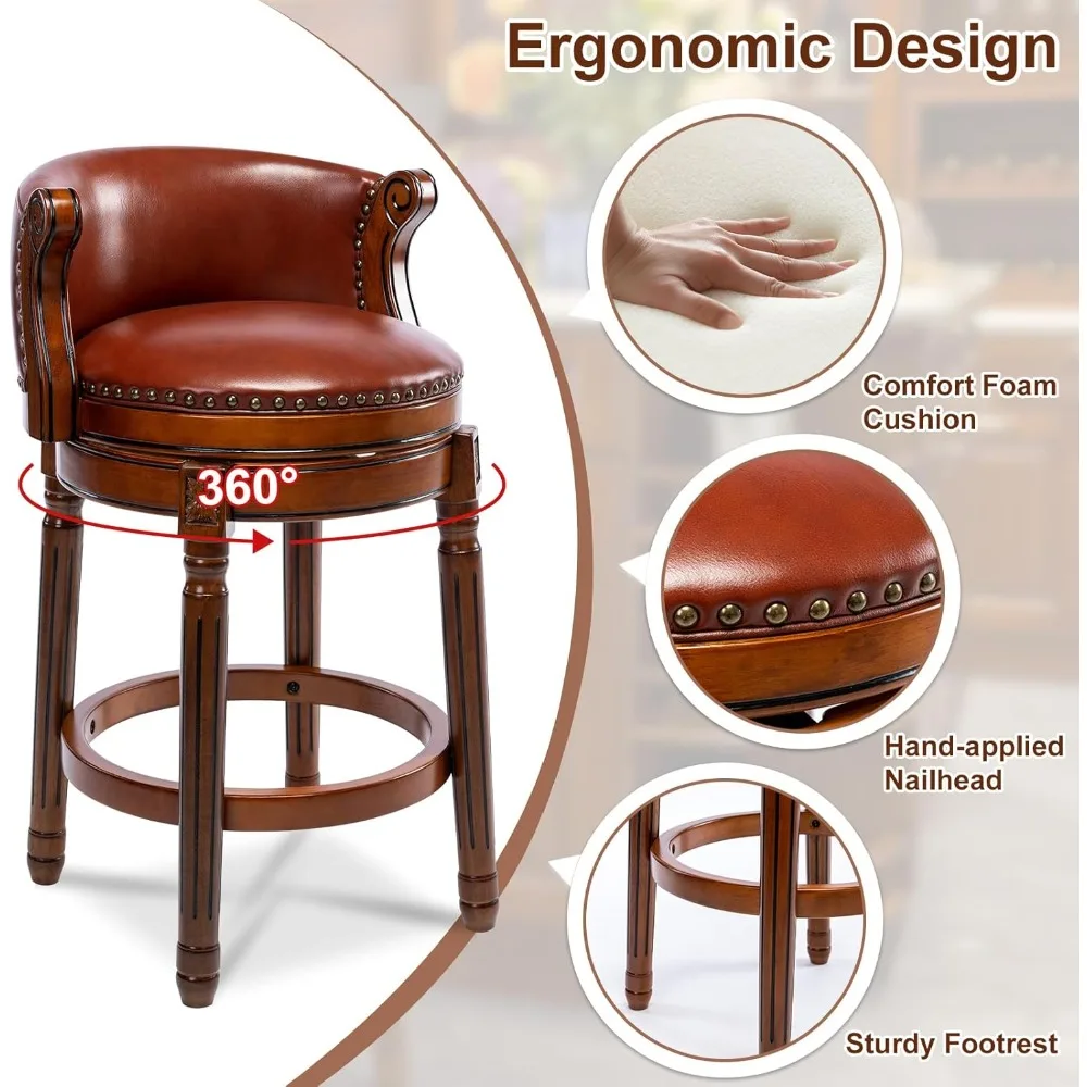 등받이와 발판이 있는 가죽 쿠션 회전 바 스툴, 카운터 높이, 가정 및 주방용 고무나무로 제작