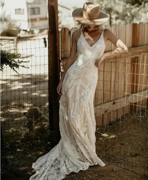 Robe de mariée sirène en dentelle de tulle à col en V Boho Beach, robes de patients bohèmes, robe de mariée éducative