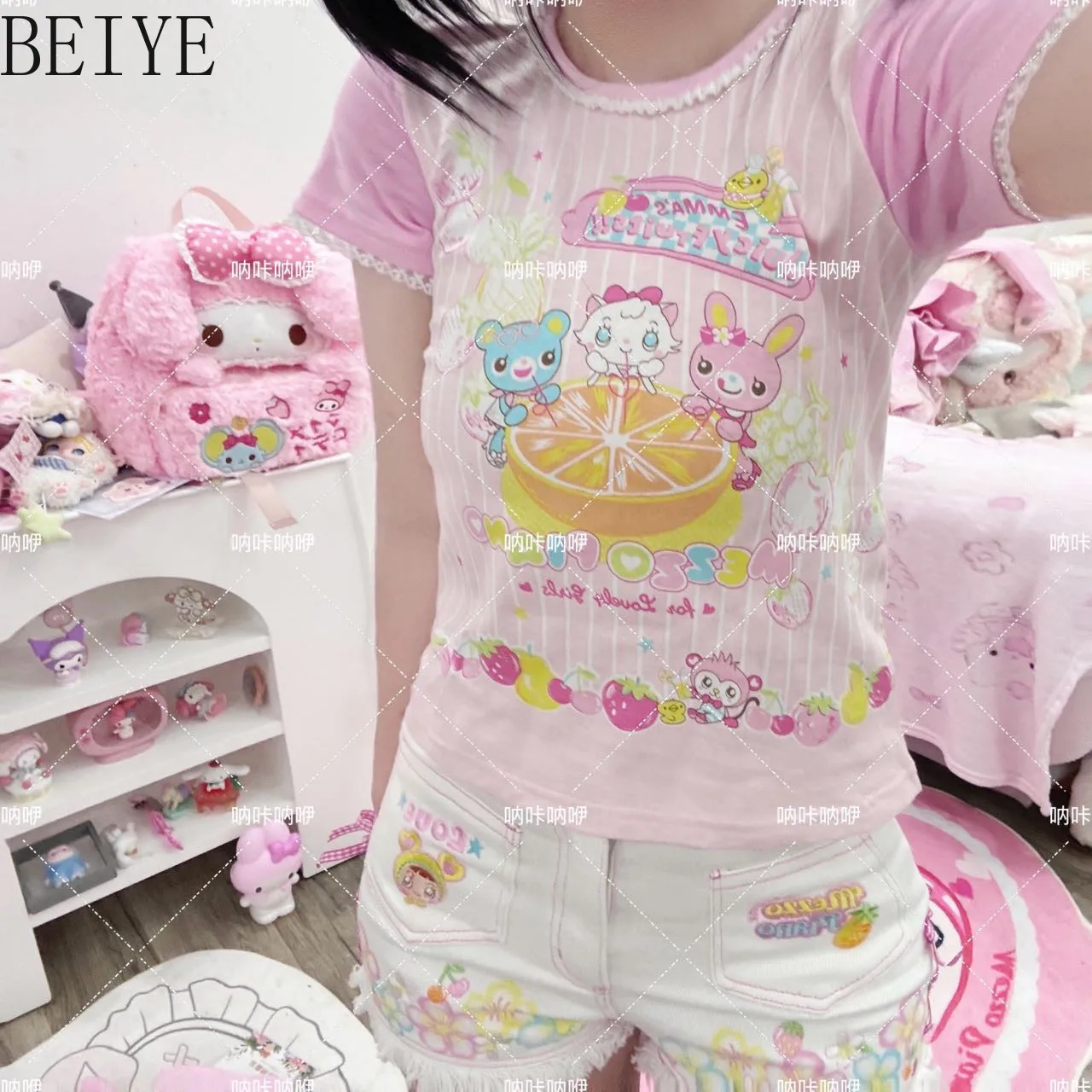 Girl's Kawaii Tops 2026 New Cute Sweet Girl T Shirt Japanese Style Summer Crew Neck Tshirt Casual Short Sleeve Tees