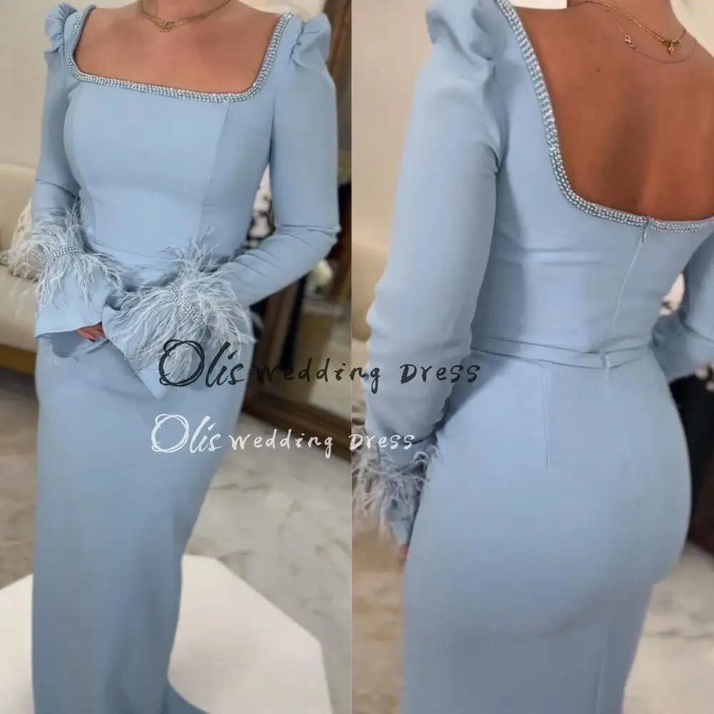 

customized Modern Style Formal Evening Square Collar Mermaid Beading Feathers Satin Dresses