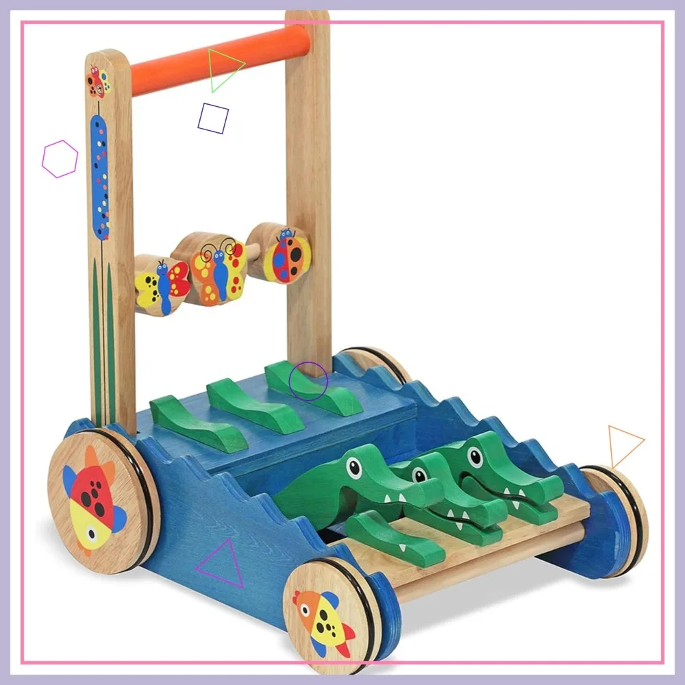 Girello per attività giocattolo a spinta in legno con alligatori che sentono e perline rotanti per bambini di 12-24 mesi