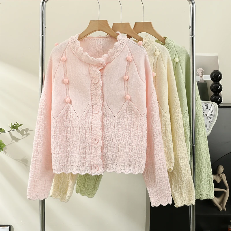 Korean Soft Knitted Sweater for Women's Spring Autumn 2024 New Gentle Style Three Dimensional Wool Ball Spliced Cardigan Coat