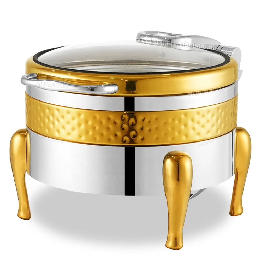 Huadison Hotel Supplies Hammered 4L Mini Round Chefing Dish Stainless Steel Royal Luxury Chaffing Dish Round Gold