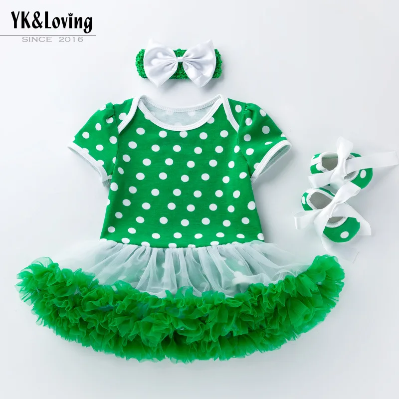 New St. Patrick's Cotton Polka Dot Short Sleeve Romper Dress Baby Green Mesh Princess Dress Children's Dress Set