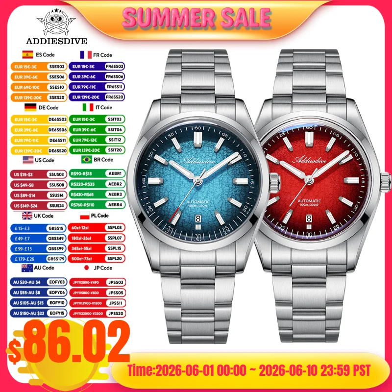 

ADDIESDIVE 39mm Automatic Mechanical Watches 8215 Movement 10Bar Waterproof BGW9 Luminous 316L Stainless Steel Watch For Men's