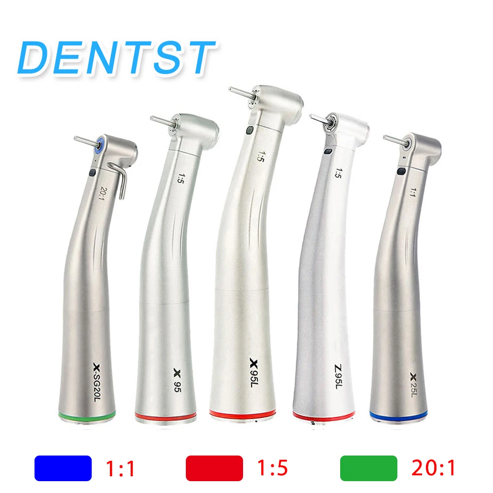 

With LED 1:5 X95L Handpiece Low Speed E-type Push Button Dental Contra Angle Ratio Fiber Green Ring Air Turbine Angled Teeth