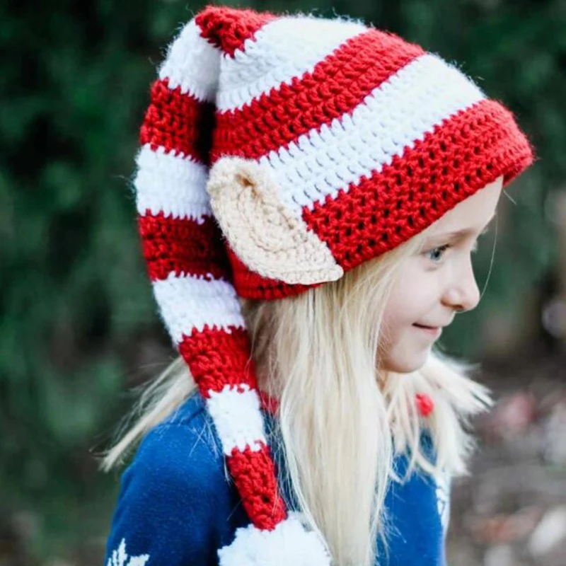 BeQeuewll Elf Hat with Ears Cute Red and White Striped Hat Knitted Hat Christmas Halloween Hat for Adults Kids For Winter