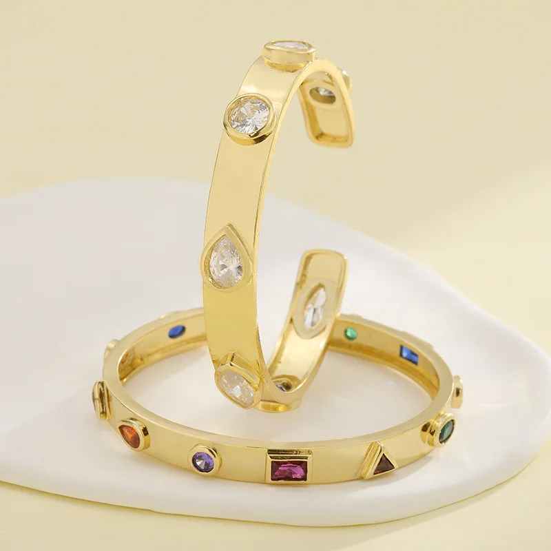 2023 Fashion Luxury Multicolor Zircon Geometric Golden Bangle Women Jewelry Fashion Open Adjustable Charm Bangles Bracelet