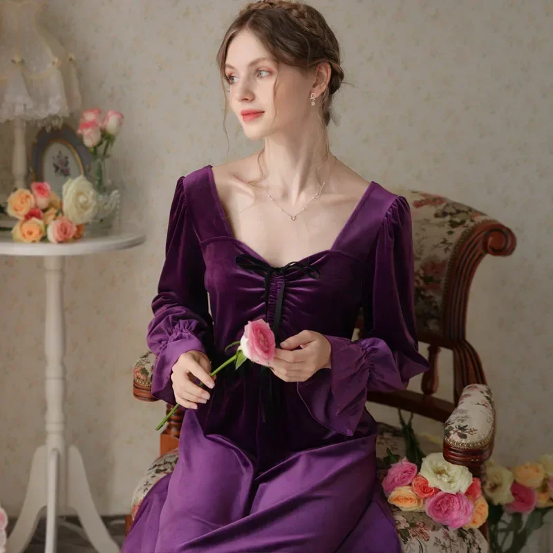 Women Comfortable Solid Color Night Dress Autumn Winter Fairy Velvet Long Nightgown Sexy Square Collar Full Sleeve Nightdress