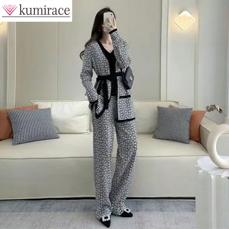 

Trendy New Versatile Temperament Slimming Knit Three Piece Set 2024 Autumn and Winter High-end Wide Leg Pants Set for Women