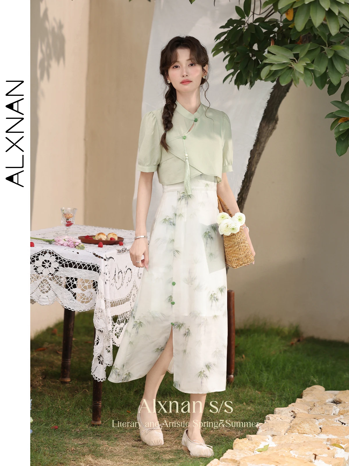 ALXNAN 여성용 우아한 시크한 중국 스타일 캐미 드레스, 꽃 프린트 A 라인 스플릿 핏 민소매 원피스, L33938, 2024 여름