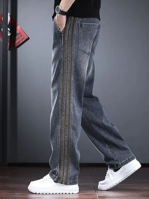 

Мужские джинсы свободного кроя, весна-осень, в стиле стритстайл, с полосками по бокам, плотные, прямые, удобные, износостойкие