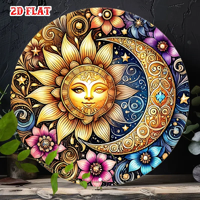 CIFBUY Rustic Sun Moon Floral Aluminum Wall Art Waterproof Durable Home Garage Cafe Decor