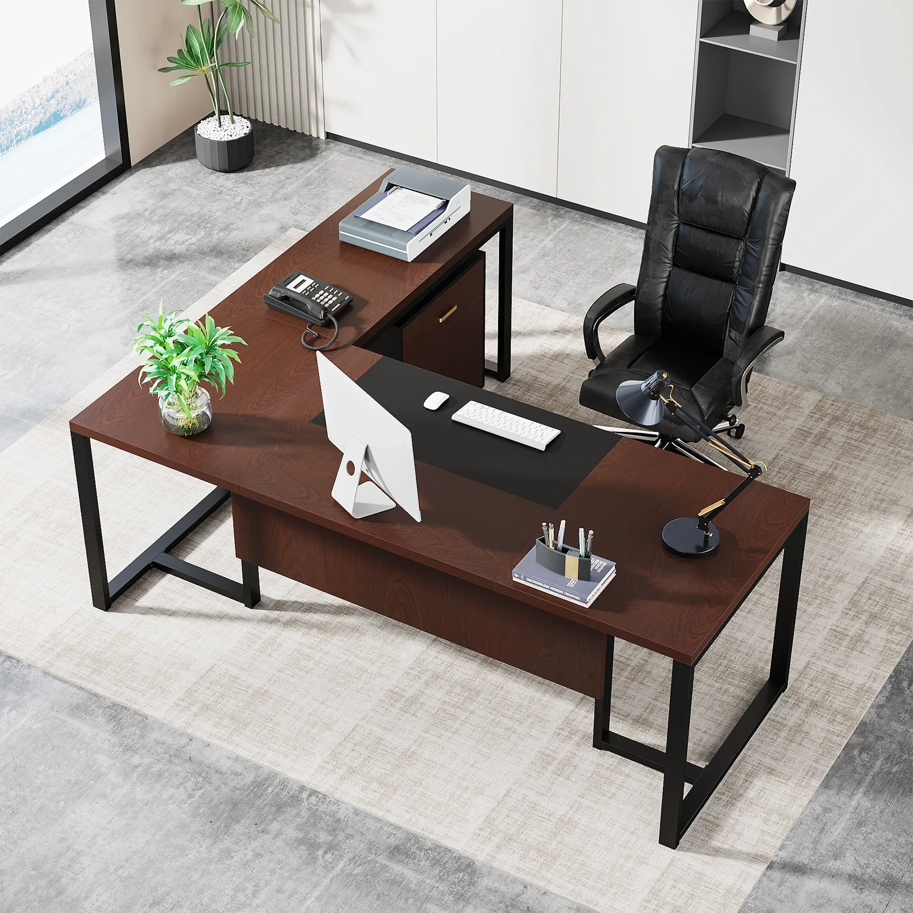 

В наличии США, 70,8-дюймовый большой L-образный стол, современная стойка регистрации для руководителя с мобильным шкафом для документов