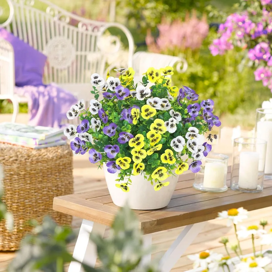 9 Bundles Artificial Flowers Outdoor Fake Pansy Flowers UV Resistant Artificial Plants Realistic Faux Silk Pansies for Porch Pa