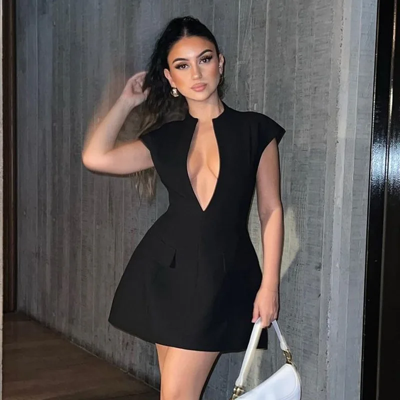 

Sexy Corset Plunge Mini Dress Deep V-Neck Black White Cap Sleeve A-Line Short Dress Women Summer Party Vacation Pocket 2024