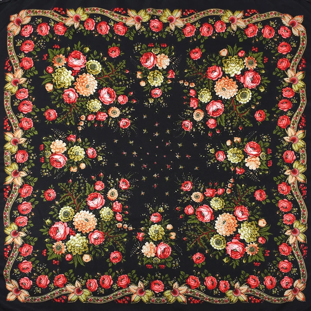 Lenço quadrado estampado floral para mulheres, estilo étnico, franjas tradicionais, xale russo, xales de viagem e praia, luxo, 115x115cm