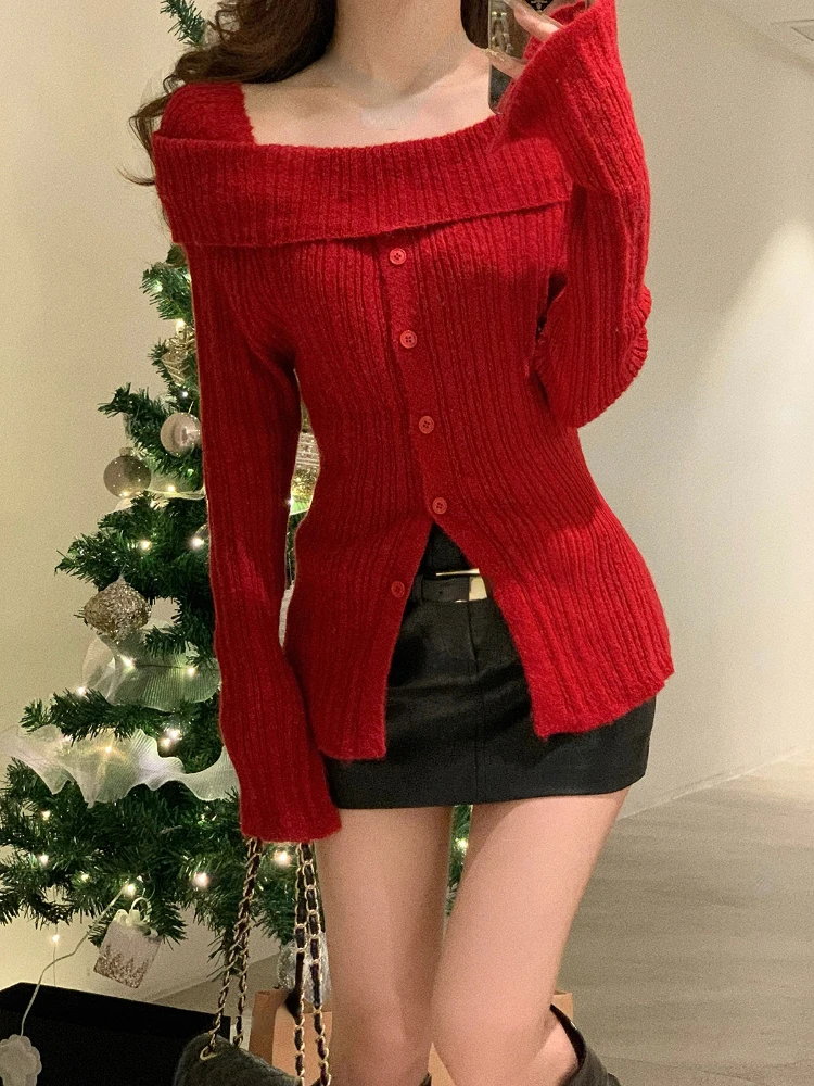 2023 Winter Red Casual Knitted Sweater Woman Slim Korean Style Elegant Tops Office Lady Long Sleeve Fashion Pullover Design