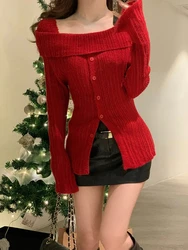 2023 Winter Red Casual Knitted Sweater Woman Slim Korean Style Elegant Tops Office Lady Long Sleeve Fashion Pullover Design