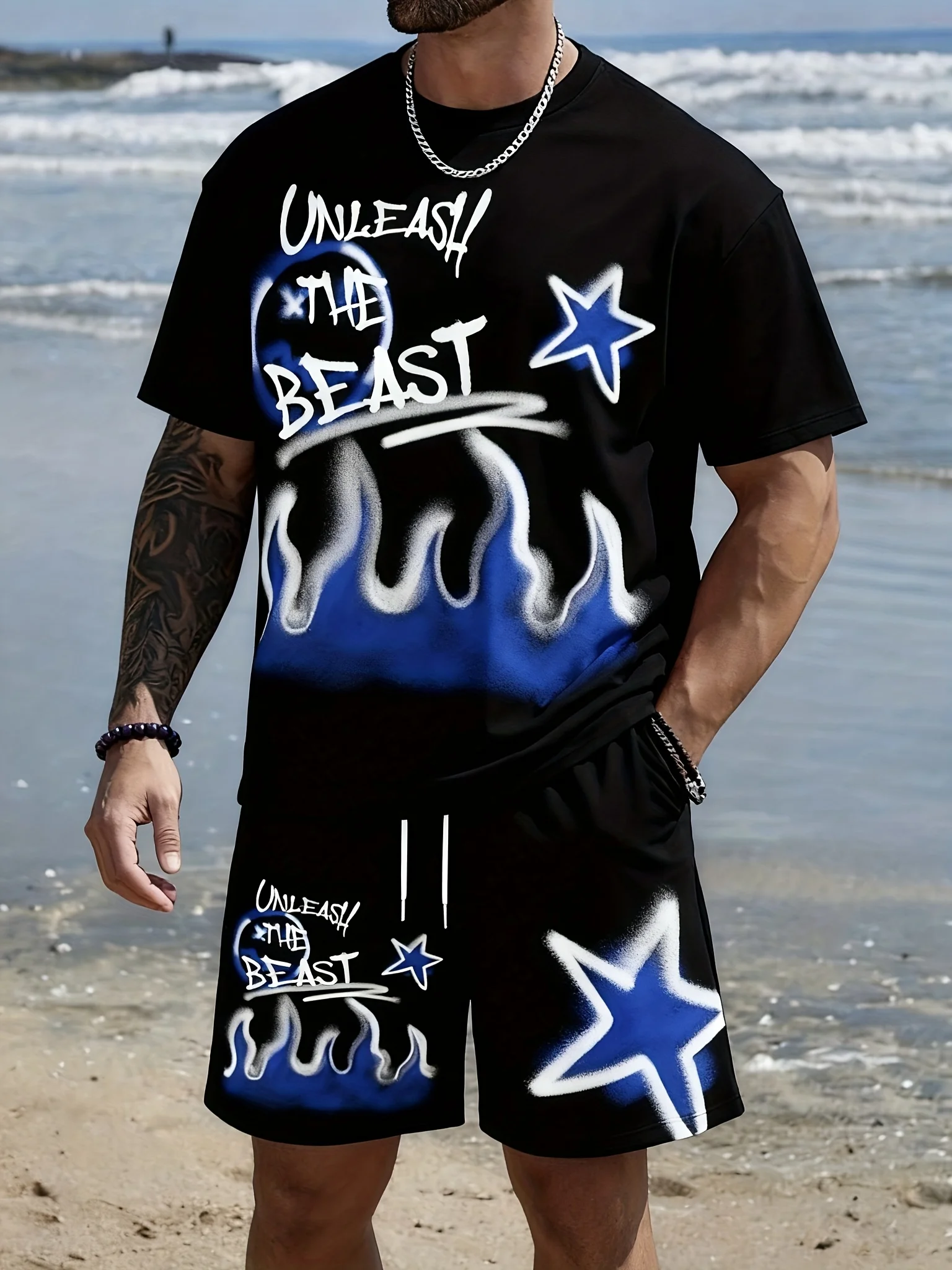 

New men's short sleeves and shorts for the summer of 2025 breathable casual and fashionable with letter-printed streetwear