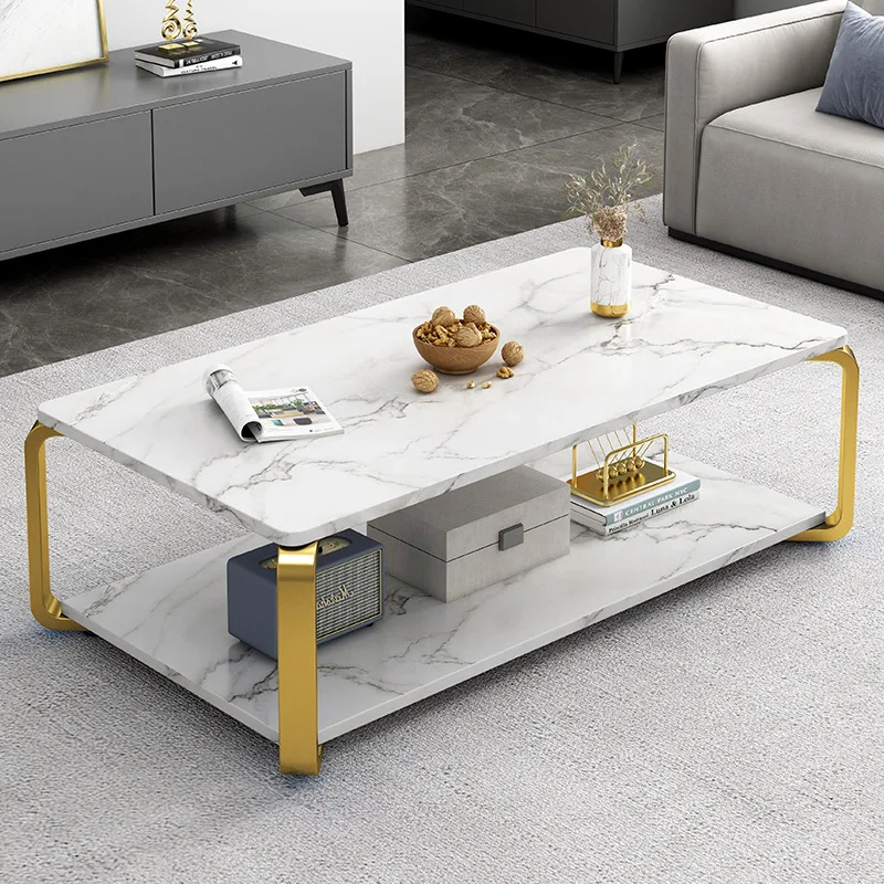 

*/Custom Marble Pattern Luxury Modern 2-Layer End Table Extendable Metal Coffee Table For Living Room Simple Design