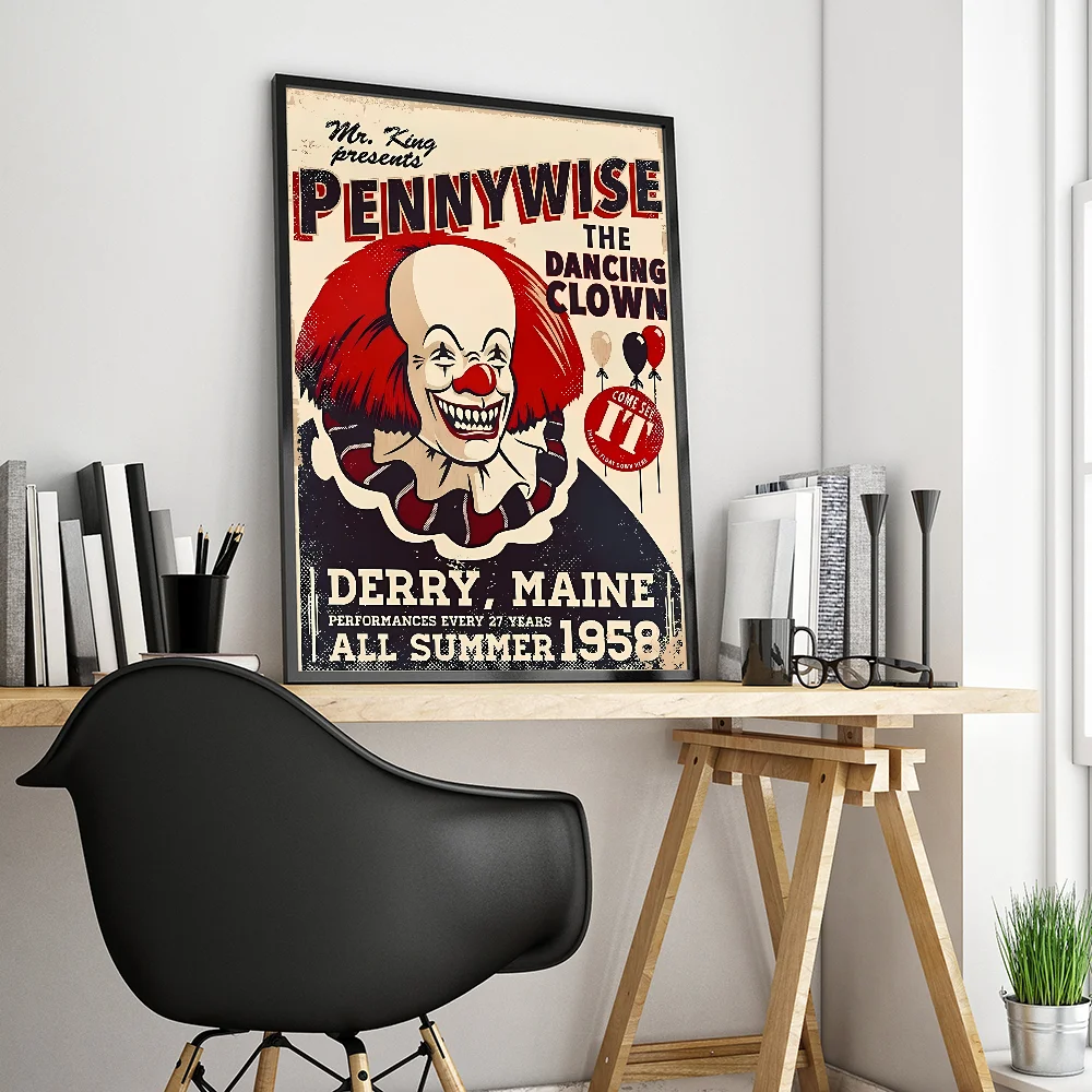 Horror Film I-It P-Pennywise Clown Vintage Posters Sticky Whitepaper Sticker DIY Room Bar Cafe Room Wall Decor