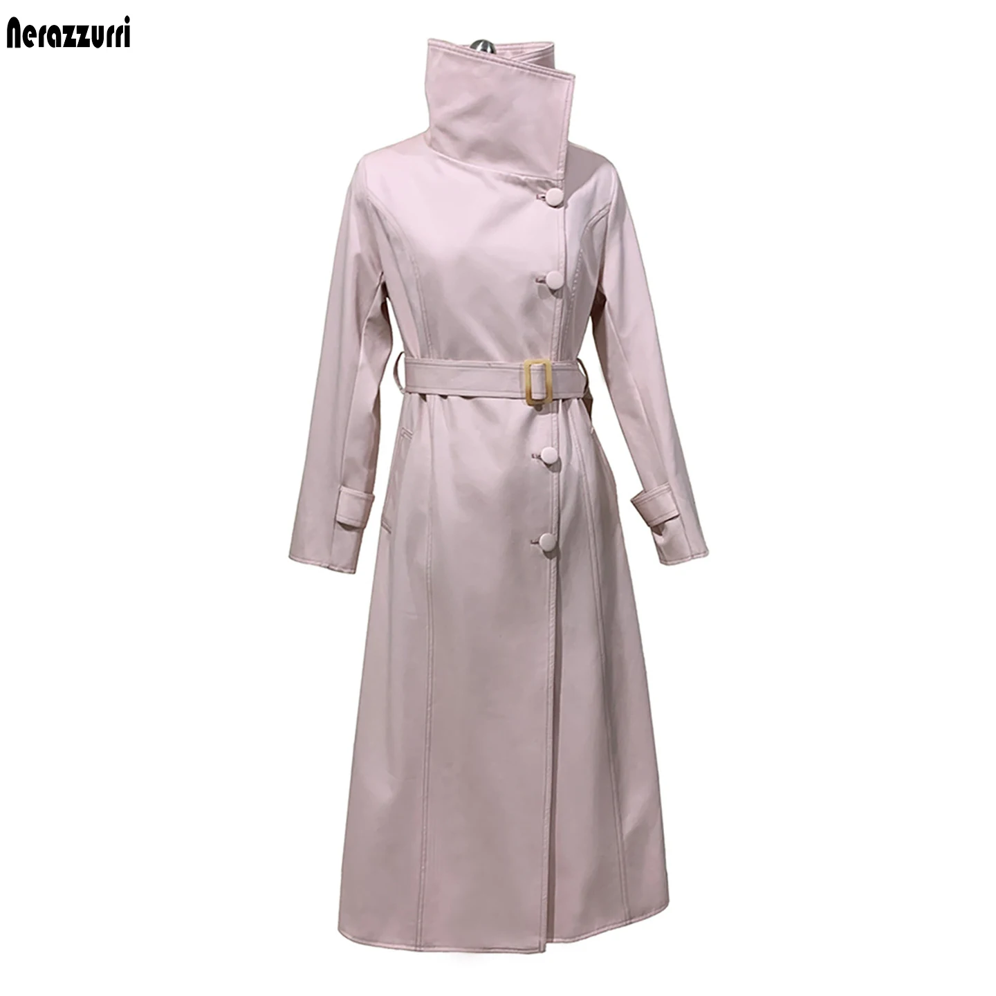 Nerazzurri Autumn Long Fitted Pink Trench Coat for Women Belt Single Breasted Elegant Chic Luxury Designer Clothes Overcoat 2026