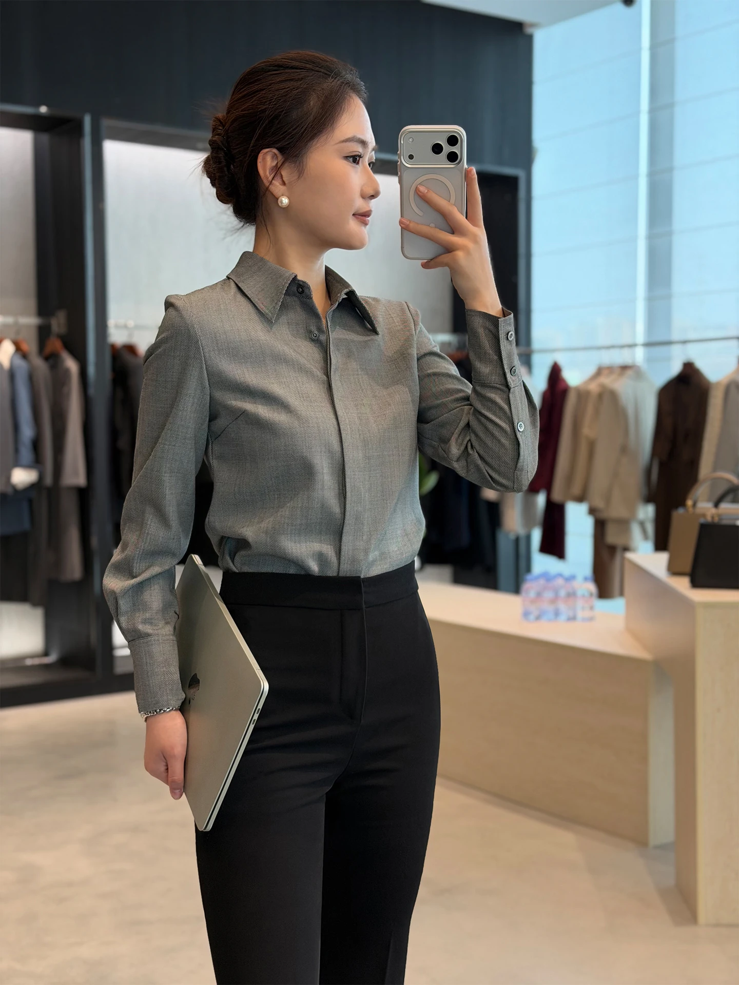 

Autumn Winter ey Marbled irt 2025 New Women's Luxury Long Sve Inner Wear Layering irt Straight Cut Wool Blend
