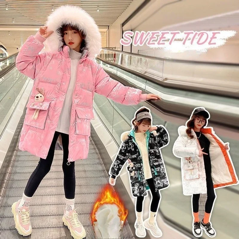 

Winter Girls Down Coat Children Fur Collar Hooded Jackets Teenager Long Style Fashion Outerwear Kids Thicken Warm Parkas14Y