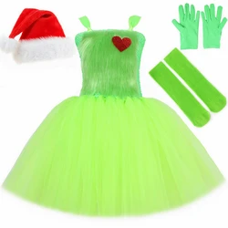 Santa Claus Grinch Costume Kids Girls Christmas Dress Outfit Green Furry Monster Tutu Dress Toddler Girl Halloween Xmas Clothes