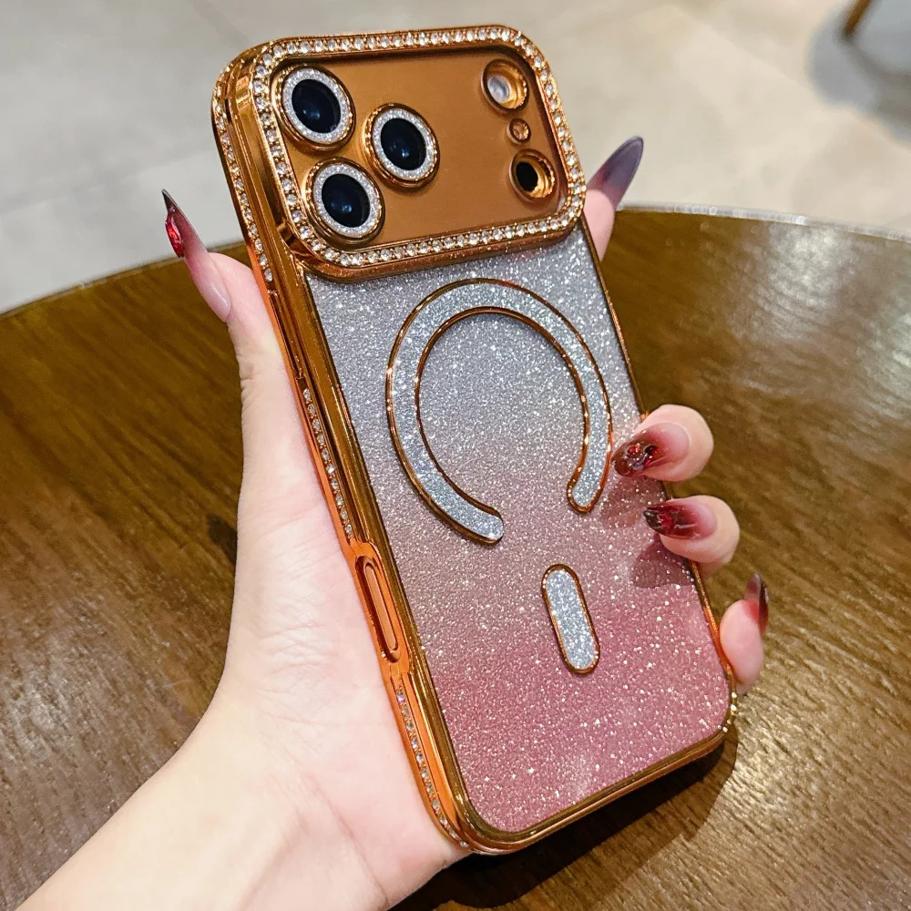 럭셔리 마그네틱 맥세이프 글리터 폰 케이스 아이폰 17 16 15 14 13 12 11 프로 맥스 에어 16 15 플러스 16e 클리어 도금 TPU 커버