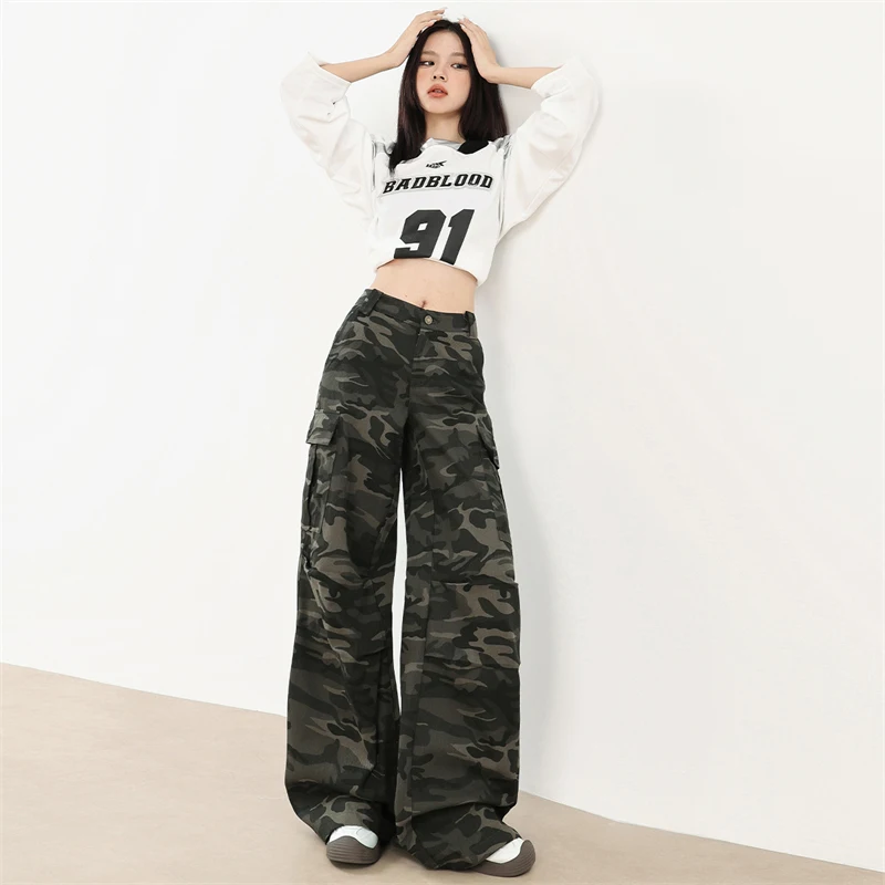 American Retro High Street Camouflage Cargo Pants 2024 Autumn New Loose Wide Leg Pants Women Fashion Versatile Baggy Trousers