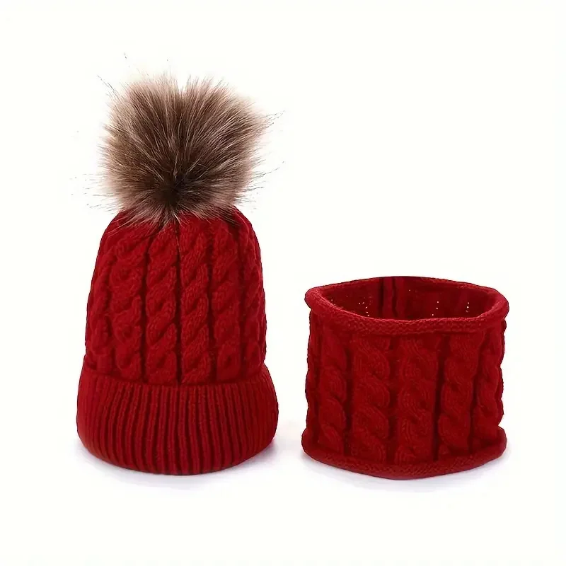 2pcs/Set Children's Woolen Hat & Neck Scarf Set,Winter Solid Color Outdoor Cycling Thickened Warm Knitted Hat