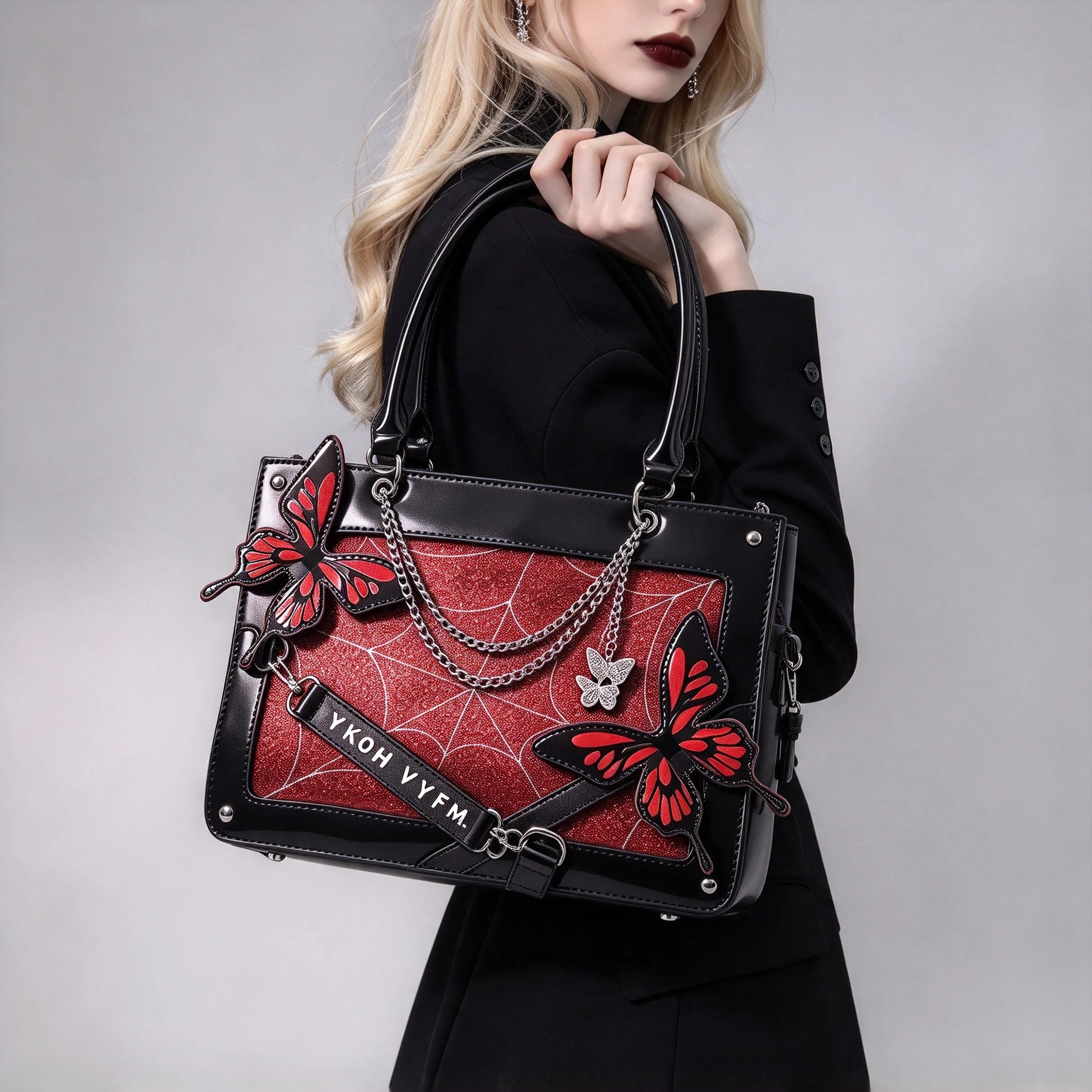 othic Red Glitter Spider Web Butterfly Decor Tote Bag Chain Accent Women Handbag Shoulder Crossbody Bag For Street Shooting