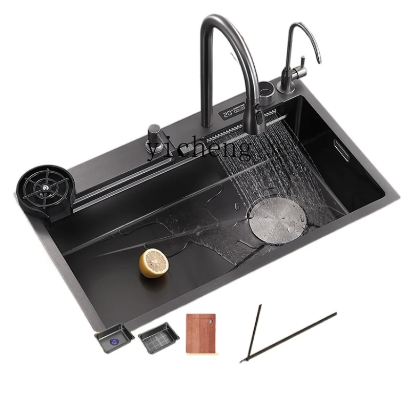 YY Kitchen Sink Large Single Sink Flying Rain Waterfall Household Drop-in Sink