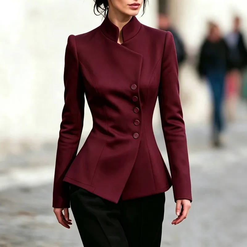 Stand-up Collar Diagonal Buckle Waist Asymmetrical Commuter Blazer Suit Exquisite Simple Casual Fashion Temperament Commuting