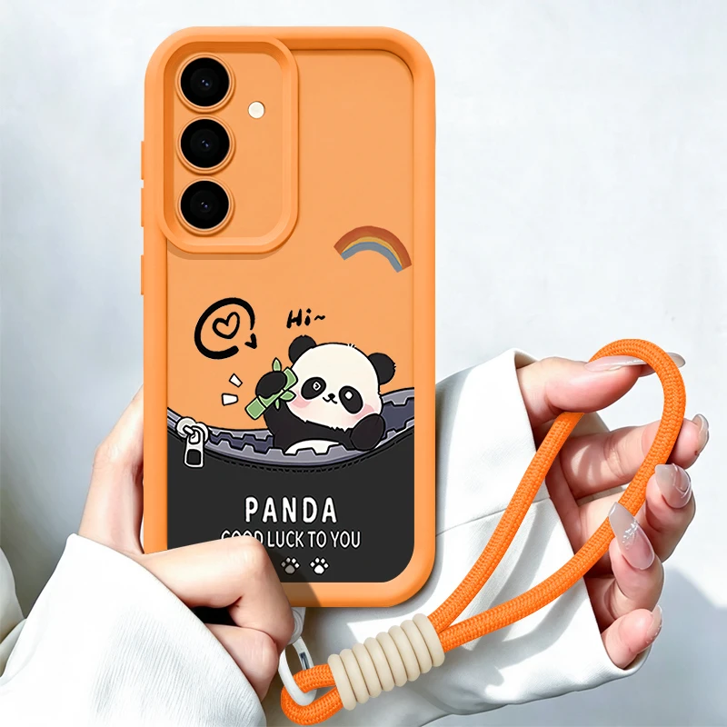 Cartoon Panda Pattern Lanyard Phone Case For Samsung Galaxy A57 A37 A56 A16 A17 A26 A55 A15 A54 S25 FE S26 S24 S23 Ultra Cover
