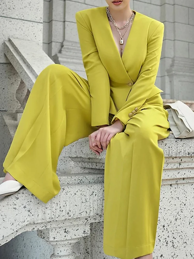 TWOTWINSTYLE Solid Elegant Two Piece Sets For Women V Neck Long Sleeve Tunic Coat High Waist Wide Leg Pants Elegant Set Female