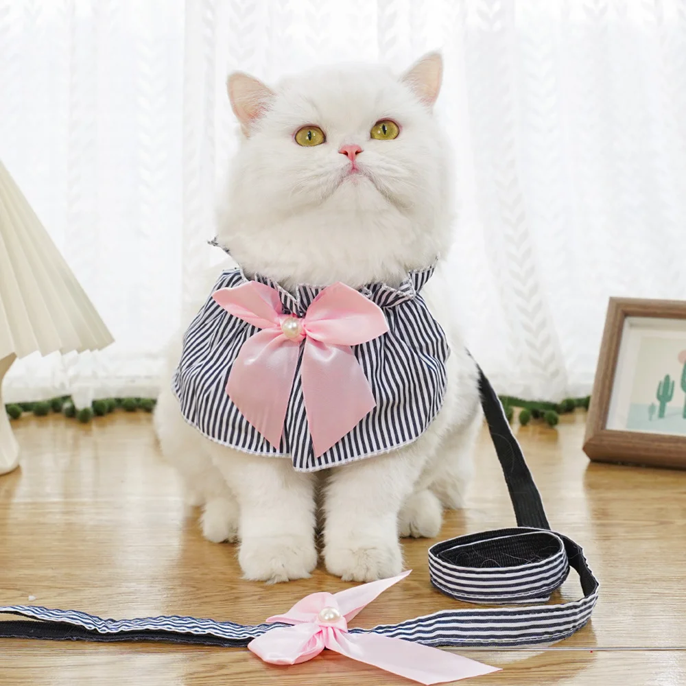 

Blue Striped Pet Harness Leash Set Adjustable Bow Neckwear For Dog Walking And Cat Outings Matching Adventure Gear Pet Supplies