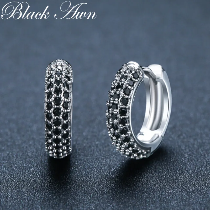 Black Awn 2024 New Hoop Earrings for Women Classic Silver Color Trendy Spinel Engagement Fashion Jewelry I261