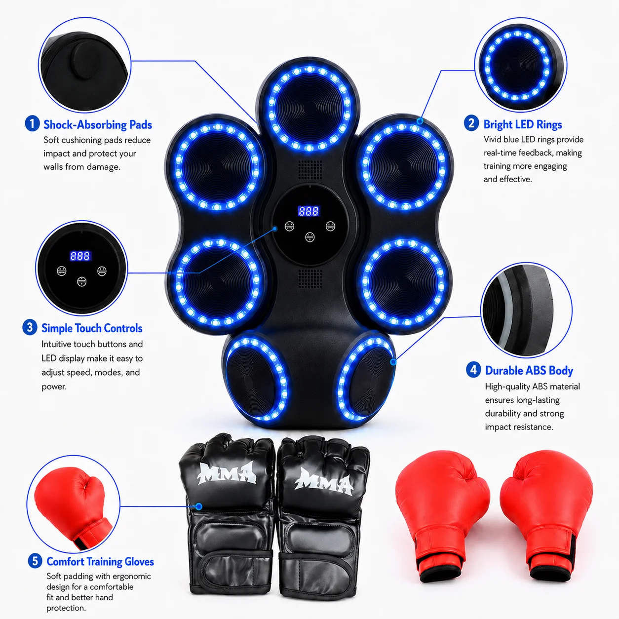 Wall Mounted Boxing Trainer, Smart Punching Machine with Bluetooth Speaker, Blue LED Light, 7 Strike Targets, 11 Modes 9 Speeds, Adhesive Tape Installation, No Drilling, Includes 2 Pairs Gloves & Reaction Balls, for Kids Adults Home Office Gym